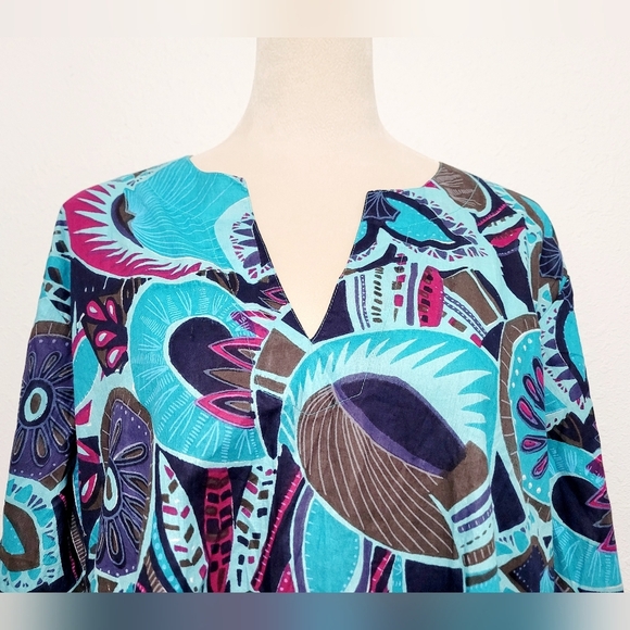 Floral Tunic Beach Cover Colorful 100% Cotton Woman's Size XL *small Tear* - Picture 7 of 9